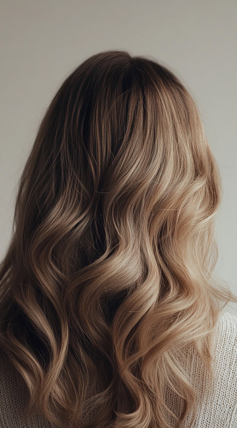 Back view of wavy hair with soft sandy blonde highlights on dirty blonde hair.