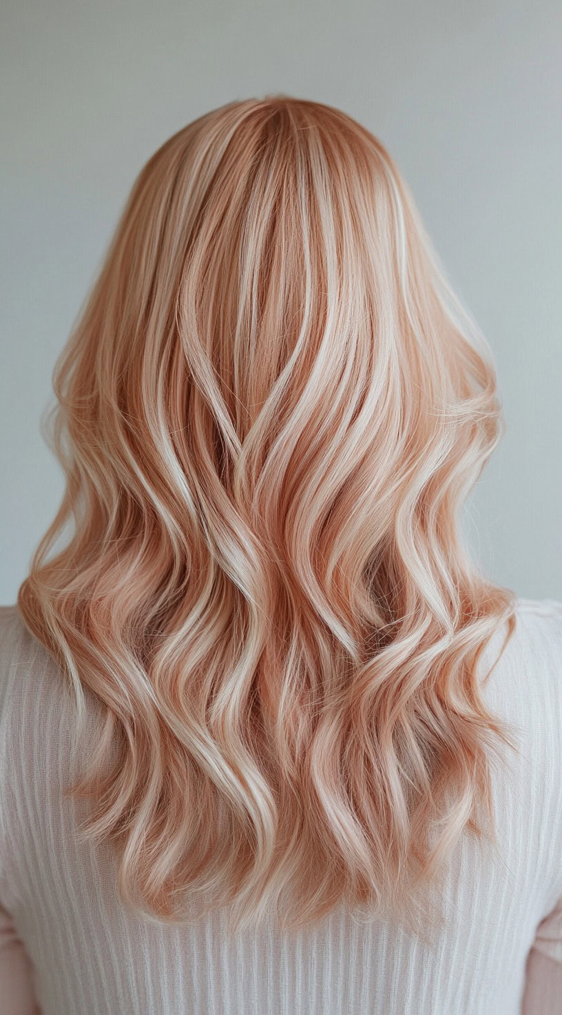 Back view of wavy hair with strawberry blonde tones highlighted by platinum blonde streaks.