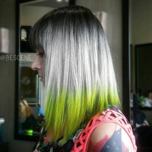 Black And Blonde Bob With Green Dip Dye