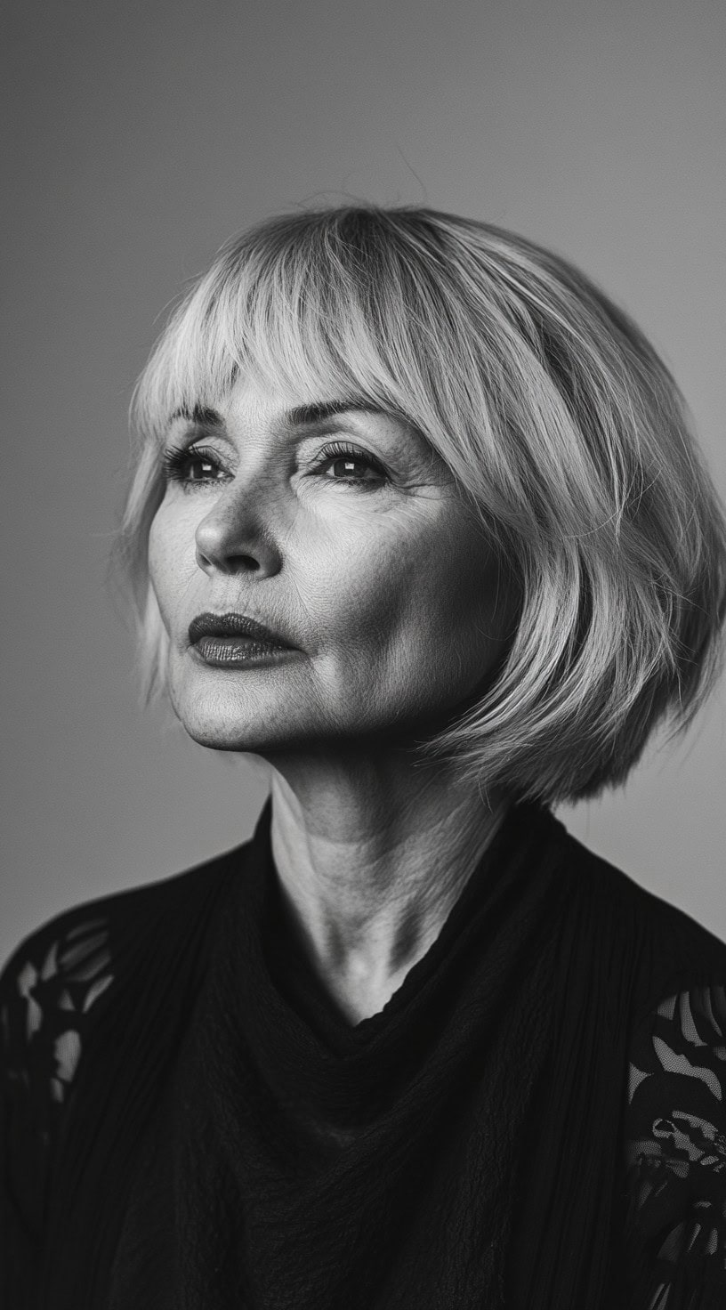 Black-and-white image of a mature woman with a voluminous bob and full bangs.