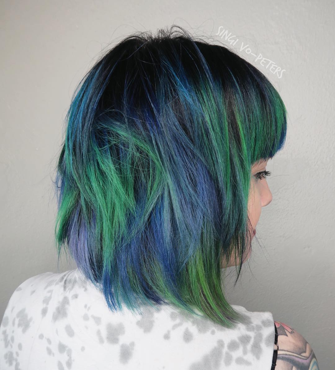 Black Bob With Blue And Green Balayage