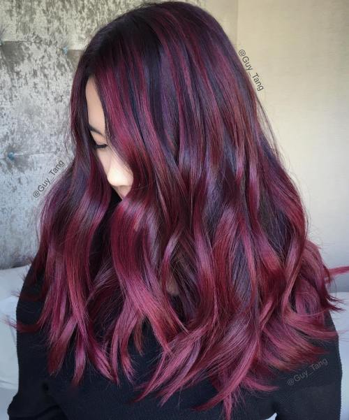 Black Hair with Burgundy Balayage