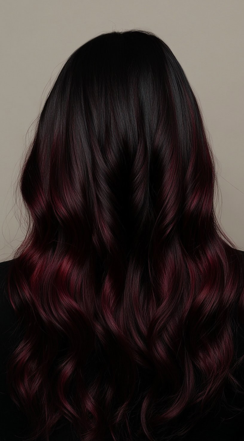 Black wavy hair with dark cherry red highlights evenly distributed.