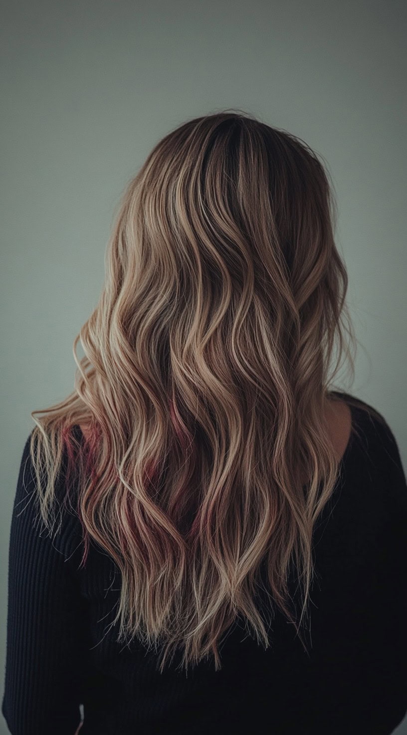 Blonde wavy hair with cherry cola balayage concentrated at the tips.