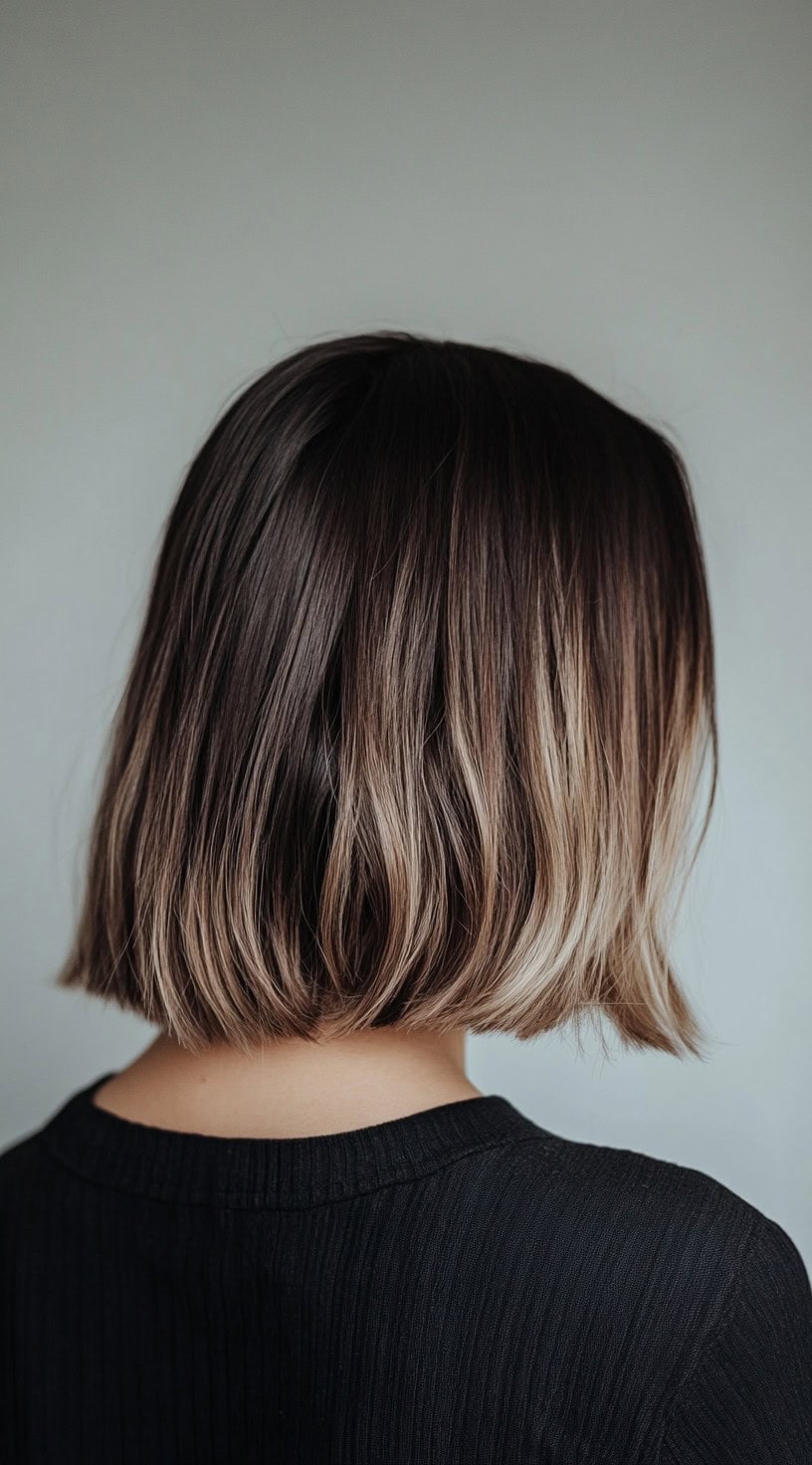 Blunt, chin-length bob with dark brown roots and soft blonde balayage tips.