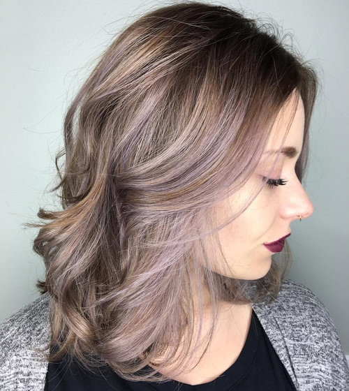 brown hair with ash blonde and pastel purple balayage