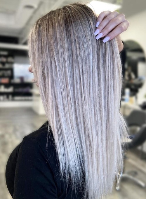 Brown to White Blonde Balayage on Straight Hair