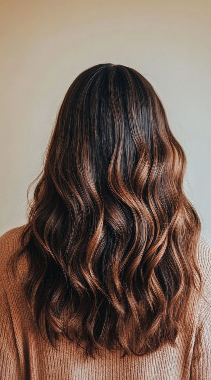 Chestnut brown balayage flowing into subtle waves for a natural look.