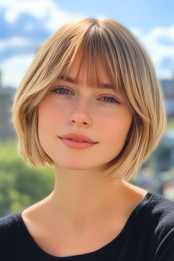 Chin-Length Bob With Bangs Haircut on a woman with short honey blonde hair.