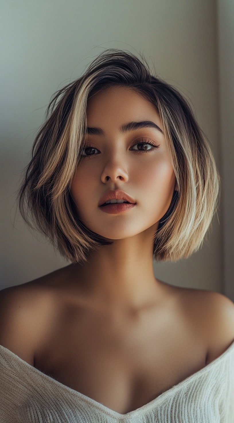 Chin-length bob with dark roots and blonde balayage highlights framing the face.