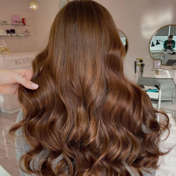 Chocolate Orange Light Brown Hair - a woman in a salon wearing a gray sweater