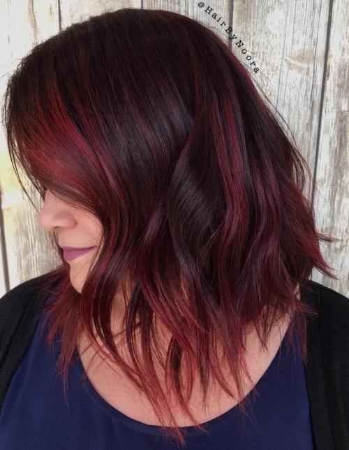 Choppy Black Bob with Burgundy Highlights