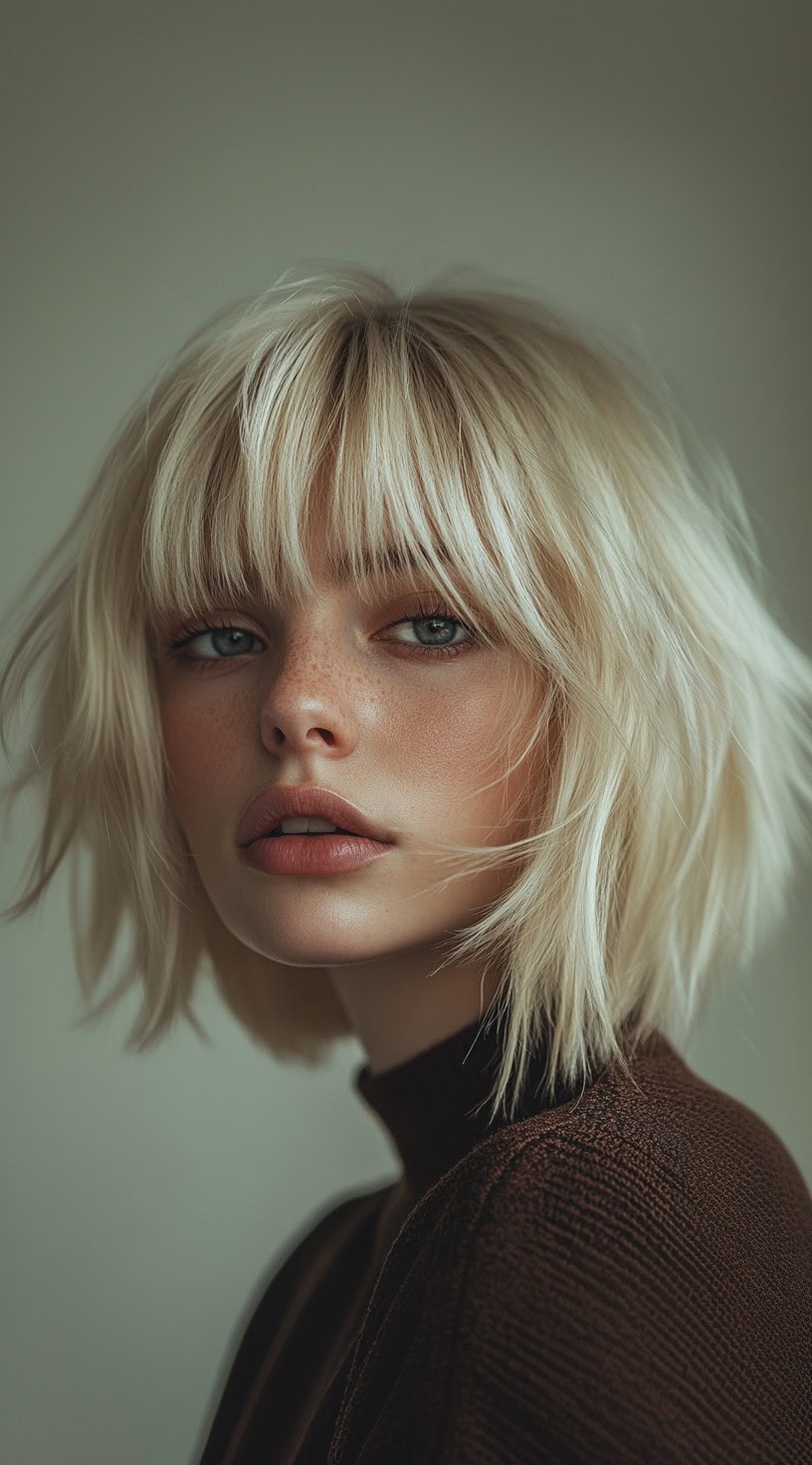 Choppy blonde bob with wispy bangs softly framing the face.