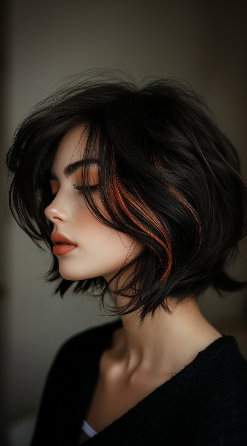 Choppy bob haircut with messy waves and chestnut brown highlights framing the face.