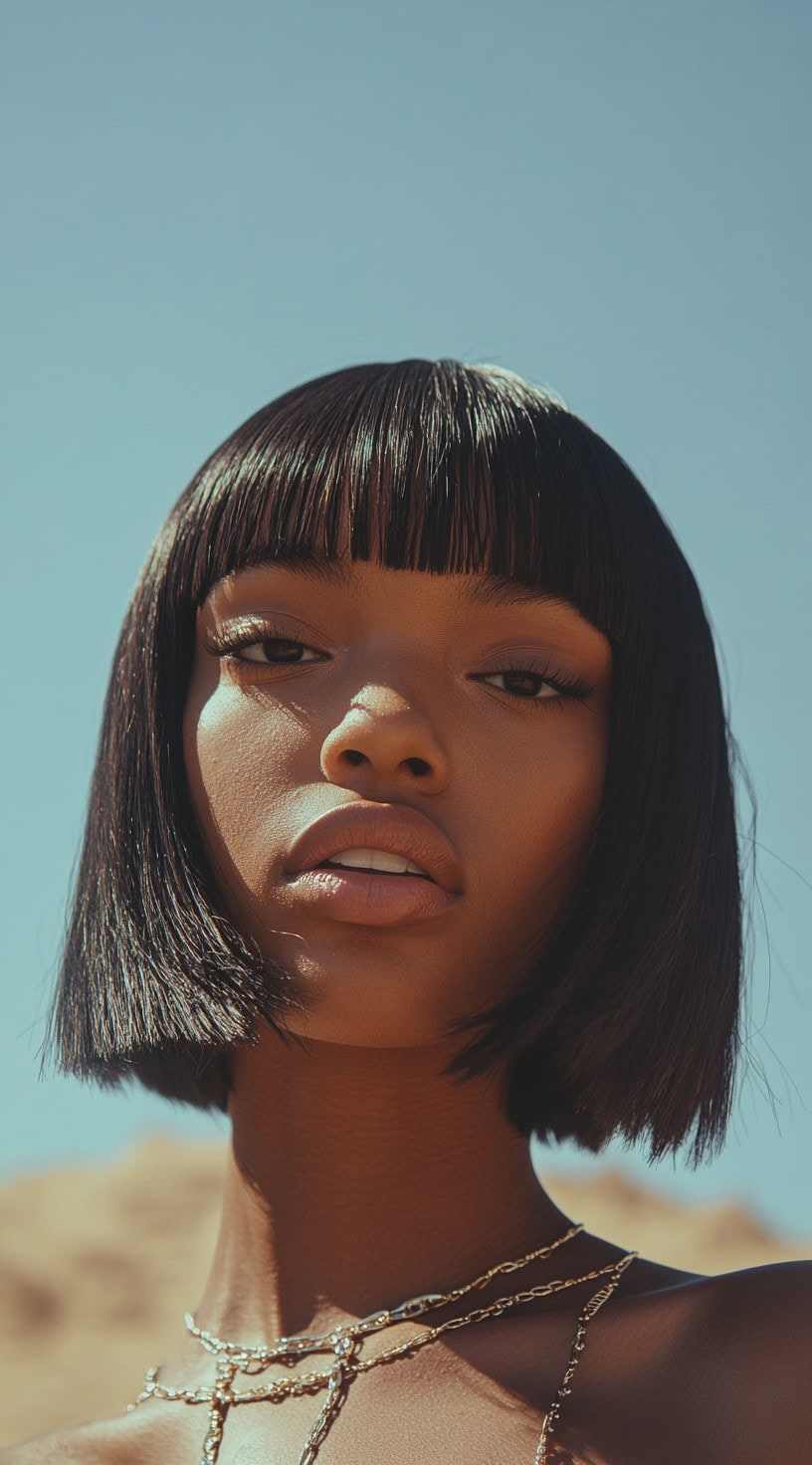 Close-up image of a woman with a high-gloss blunt bob and sleek bangs.