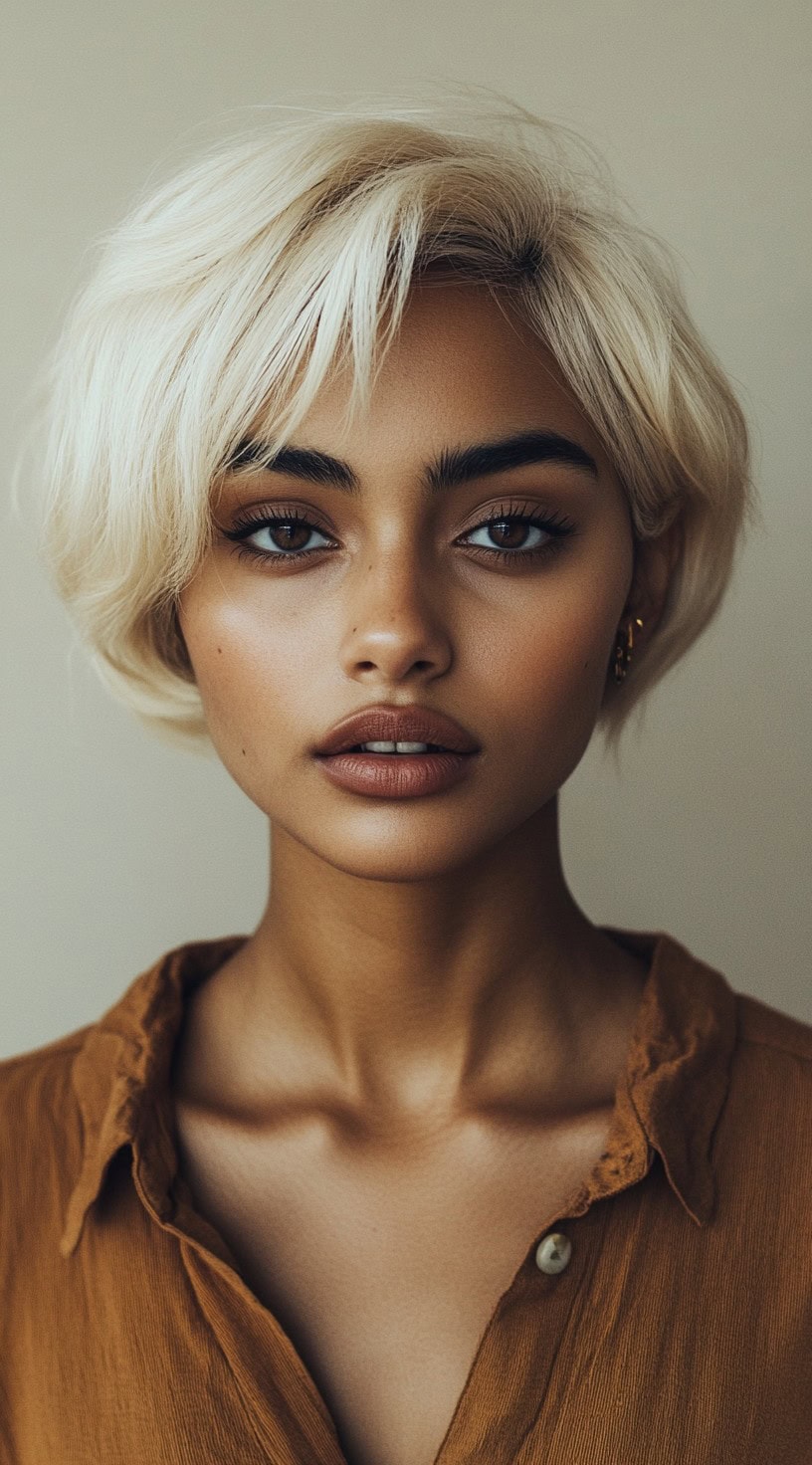 Close-up image of a woman with a platinum blonde bob, styled with soft layers for added volume.