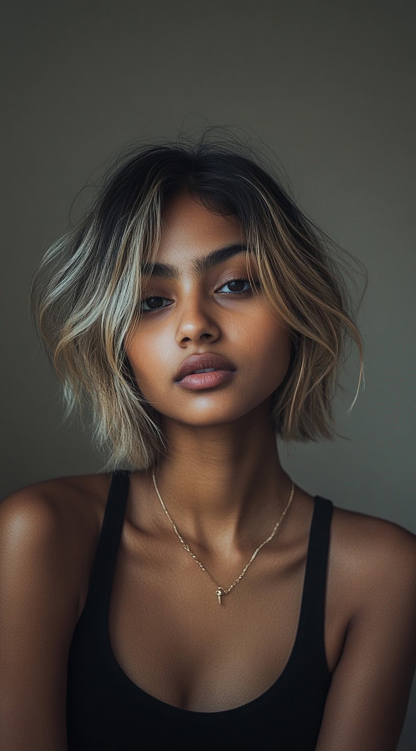 Close-up image of a woman with a short blonde bob and dark roots for contrast.