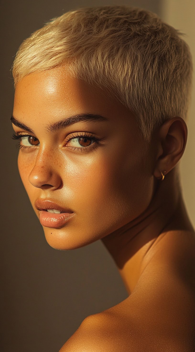 Close-up image of a woman with an icy blonde pixie cut, styled sleek and close to the scalp.