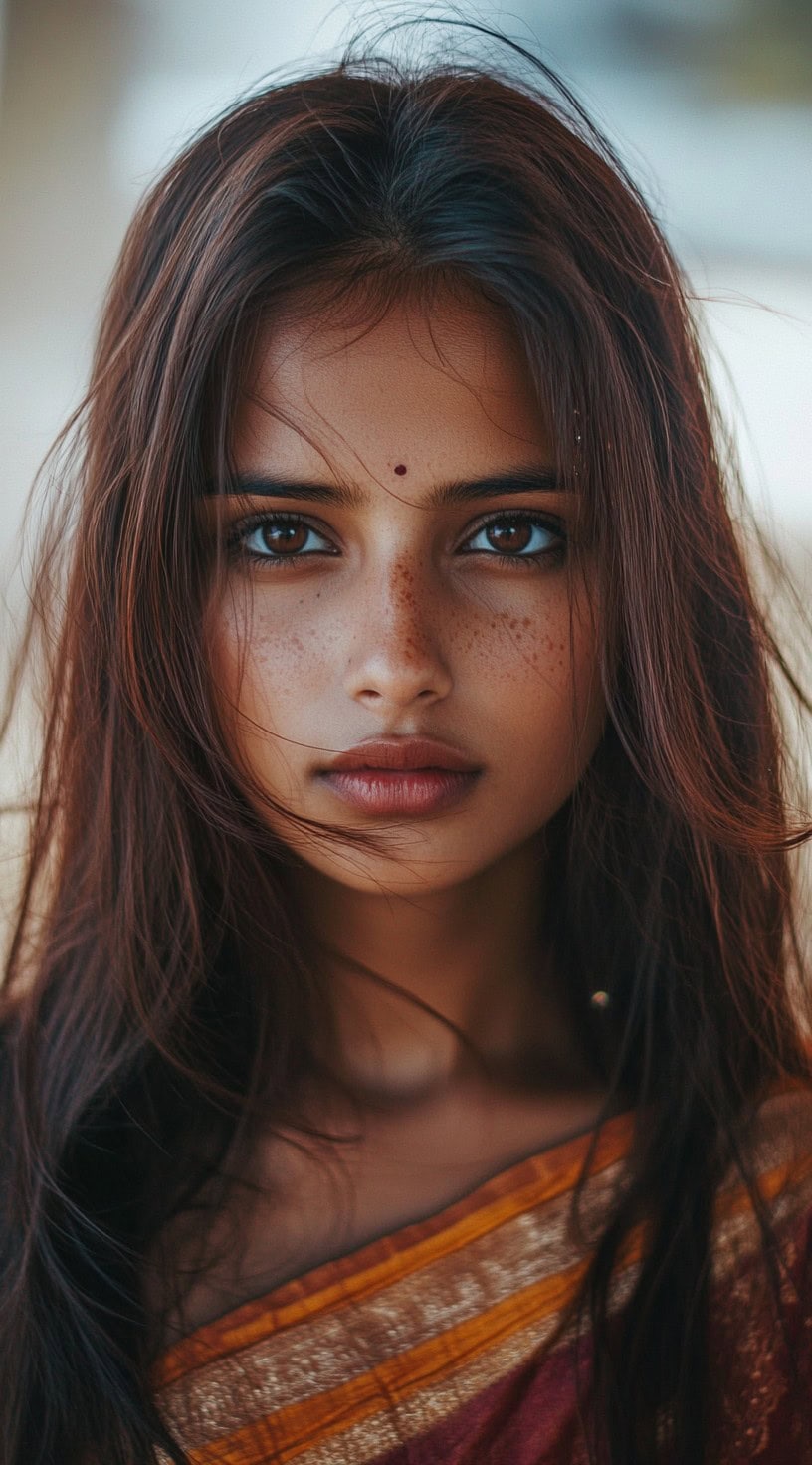 Close-up image of a woman with chestnut brown hair infused with subtle copper hues.