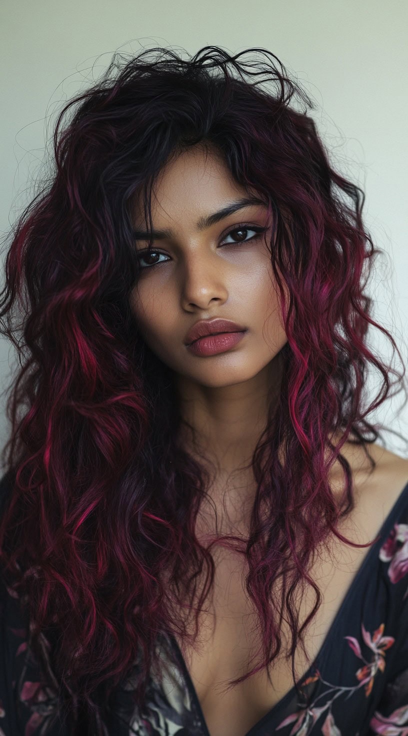 Close-up image of a woman with deep burgundy waves and subtle pink highlights.