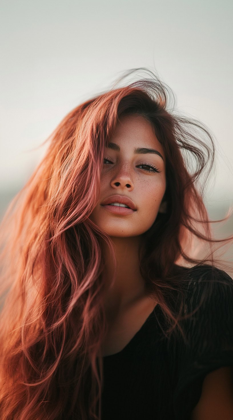 Close-up image of a woman with flowing rose gold waves, featuring soft pink undertones.