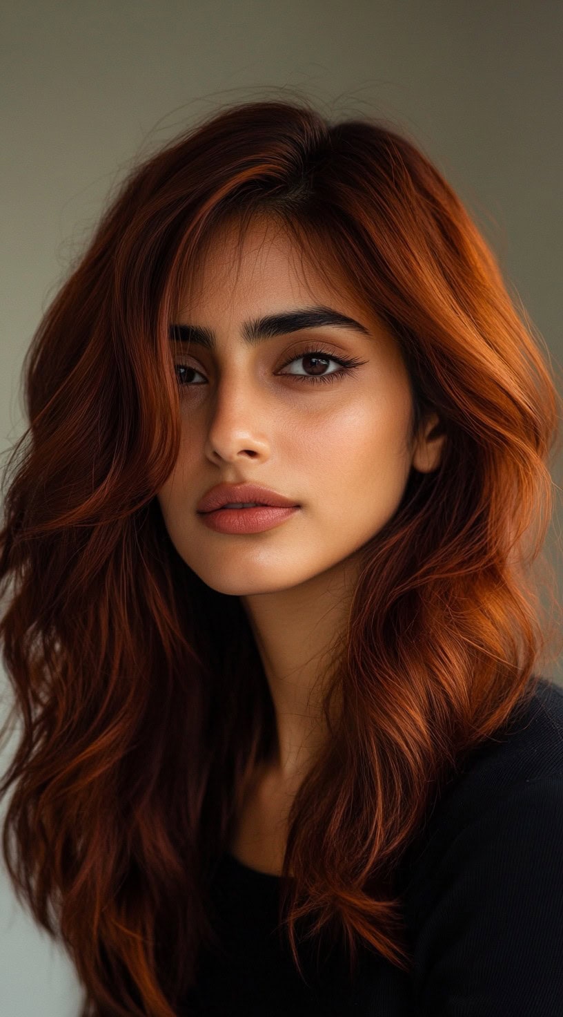 Close-up image of a woman with long, flowing auburn waves featuring a subtle red undertone.