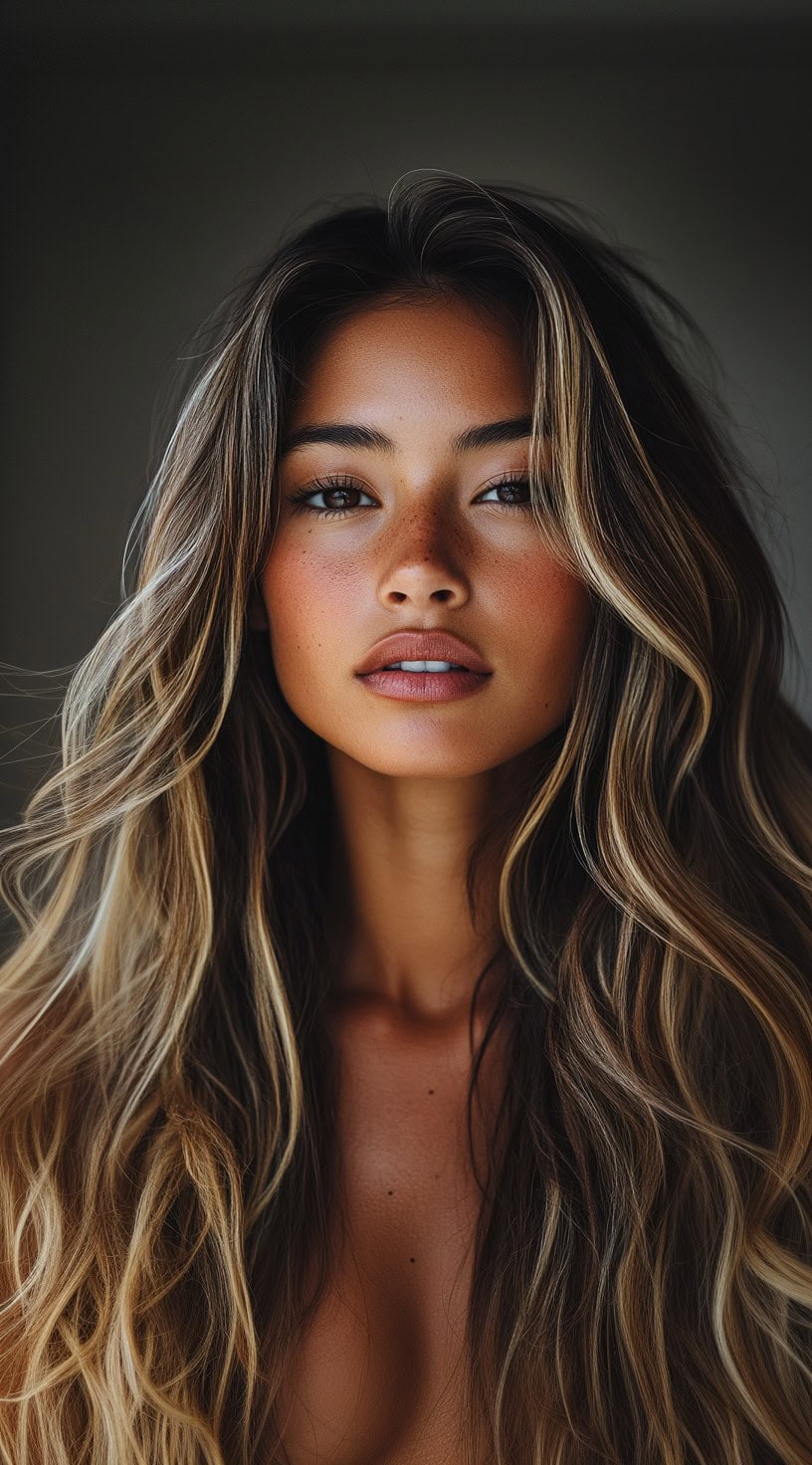 Close-up image of a woman with long, tousled beachy waves in blonde balayage highlights.