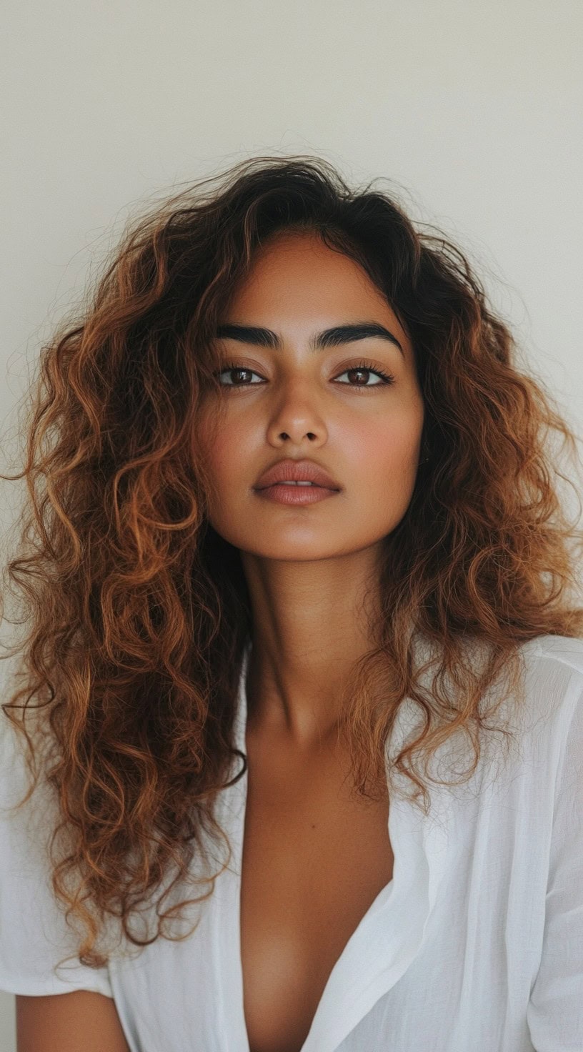 Close-up image of a woman with voluminous caramel-colored curls.