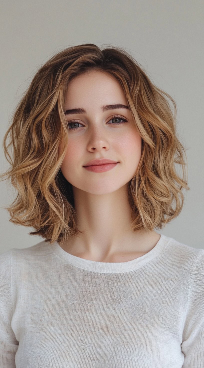 Close-up of a woman with a beachy waves bob and subtle blonde highlights.