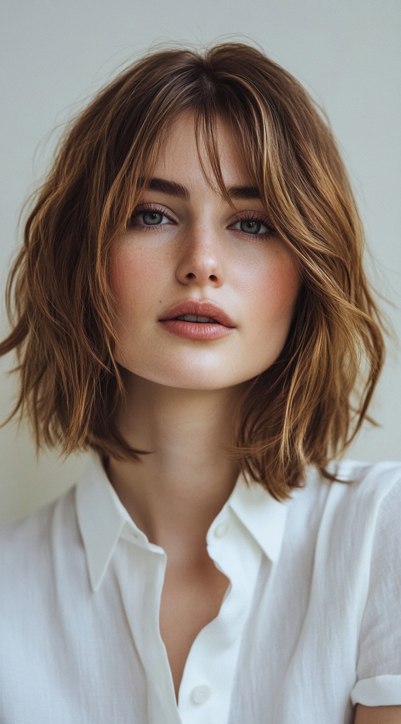 Close-up of a woman with a choppy brown bob and curtain bangs.