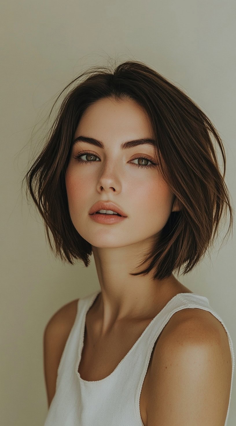 Close-up of a woman with a layered brown bob, styled with soft movement for an effortless look.