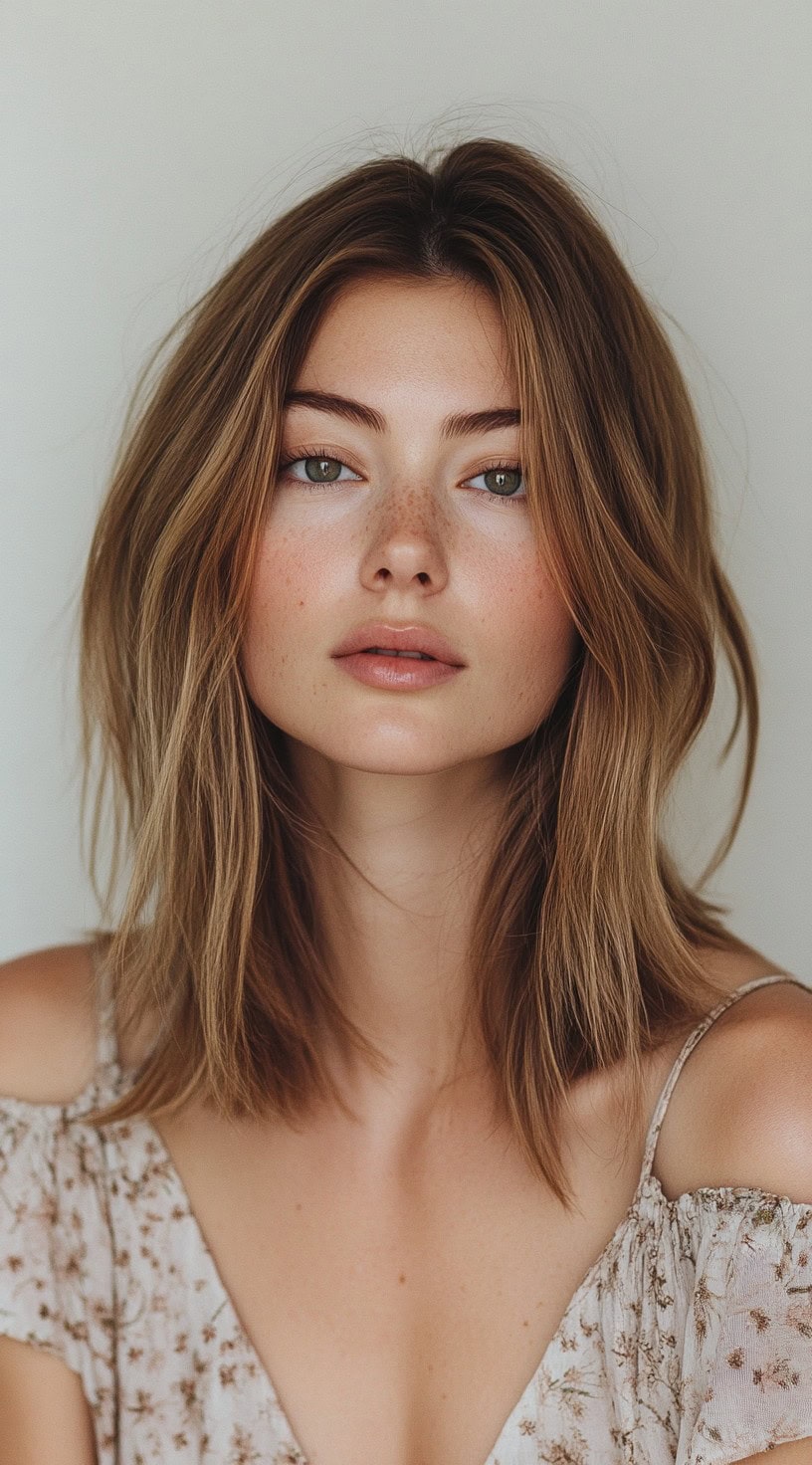 Close-up of a woman with a loose, airy brown bob with subtle waves.