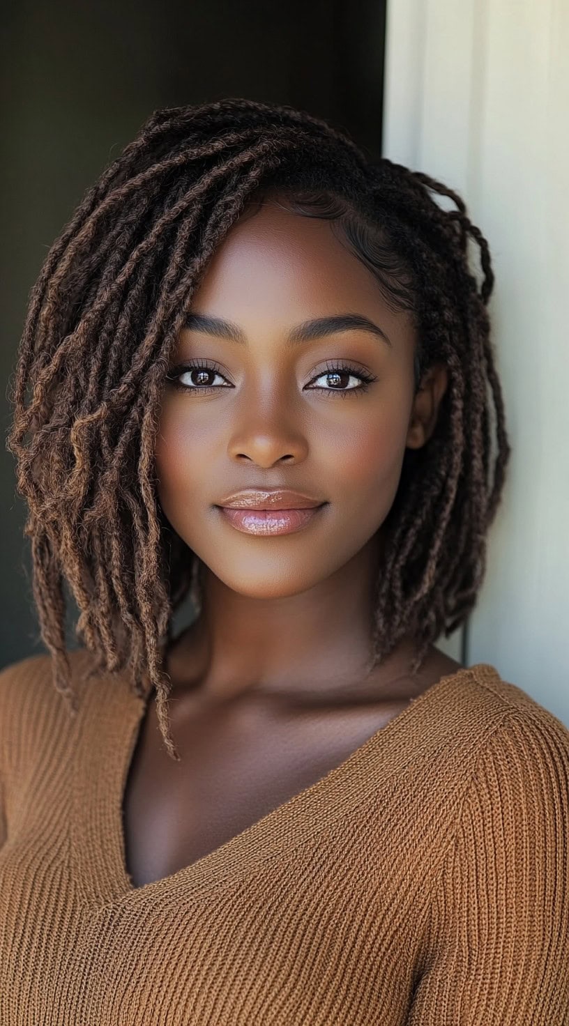 Close-up of a woman with a shoulder-length bob made of thin locs.