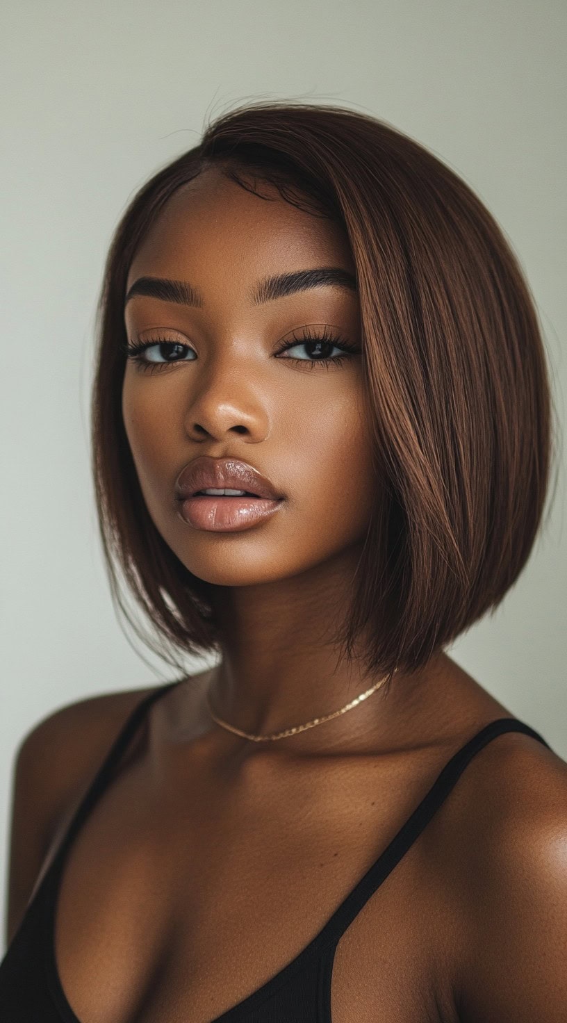 Close-up of a woman with a sleek asymmetrical bob and smooth brown hair.