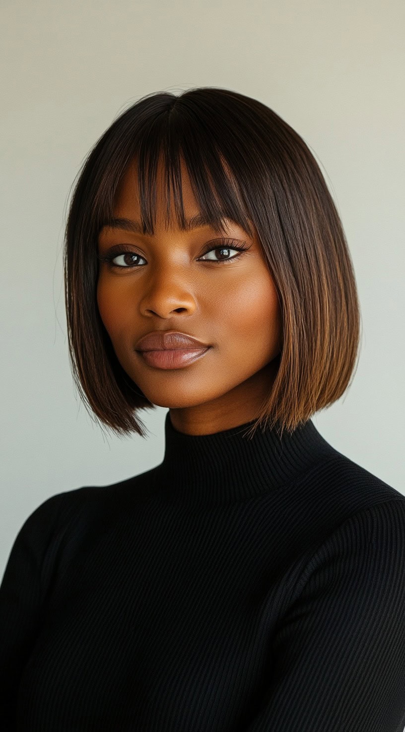 Close-up of a woman with a sleek bob and full, straight-across bangs.