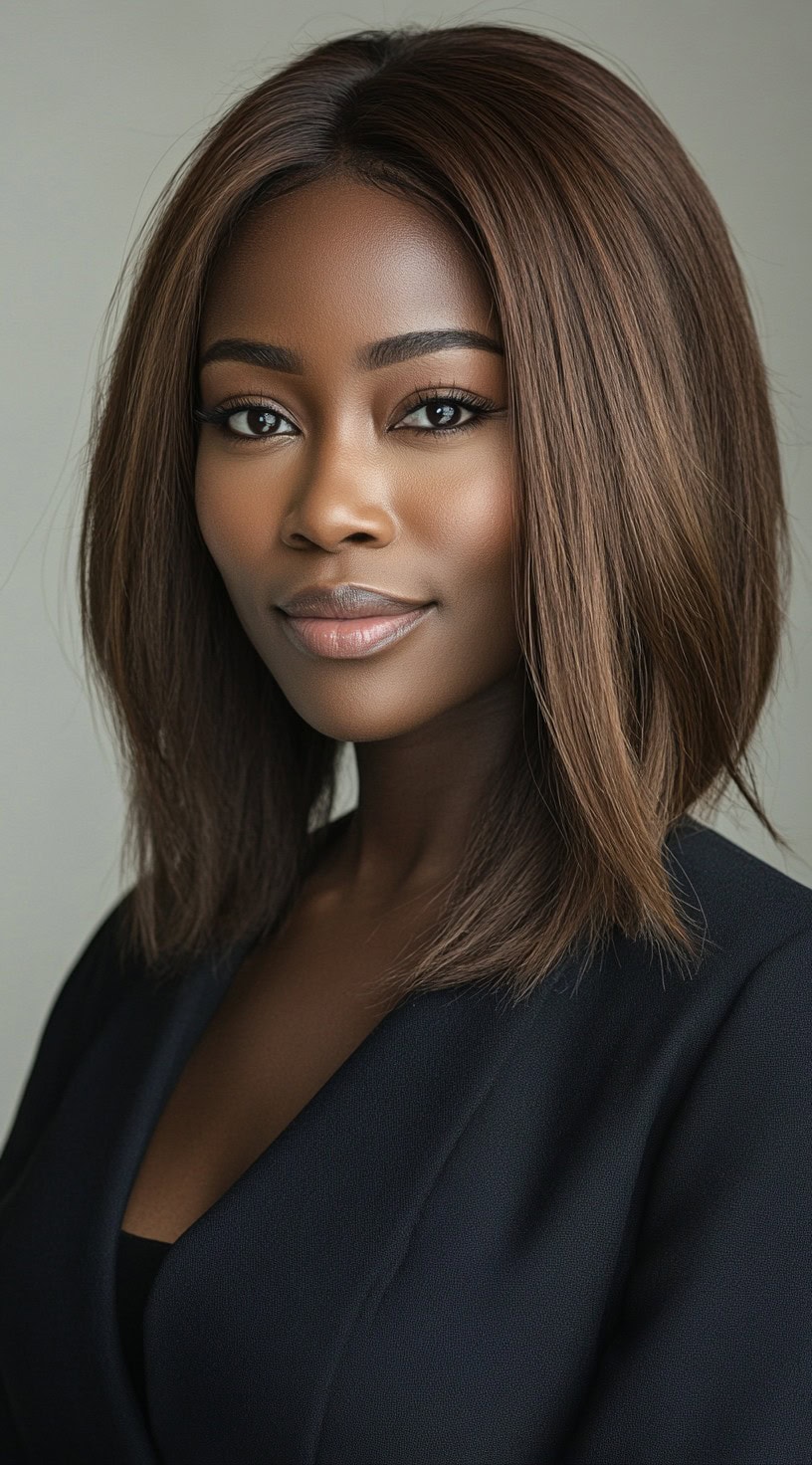 Close-up of a woman with a sleek, straight and long brown bob with a center part.