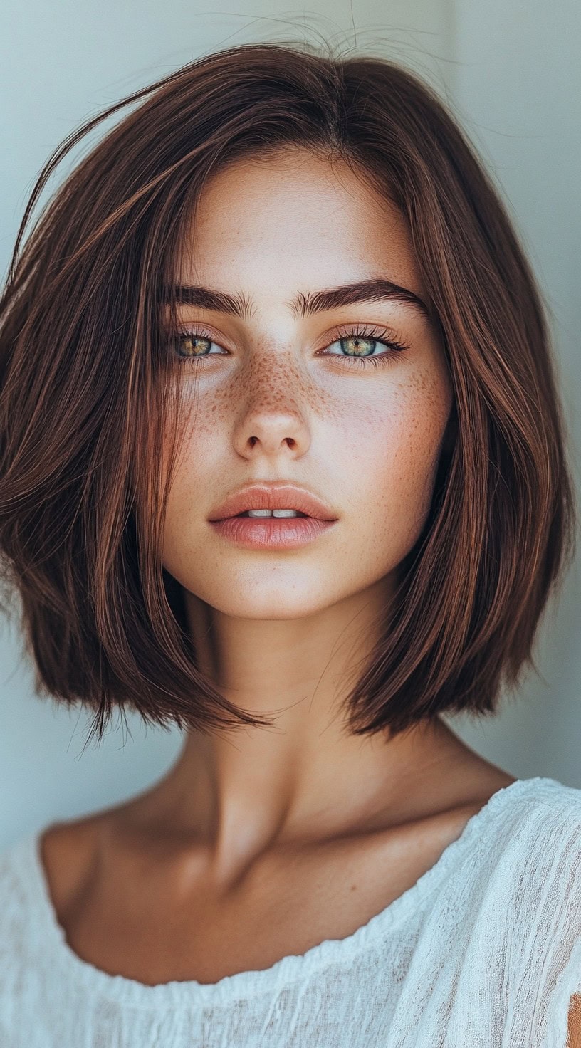 Close-up of a woman with a straight, sleek brown bob hairstyle.