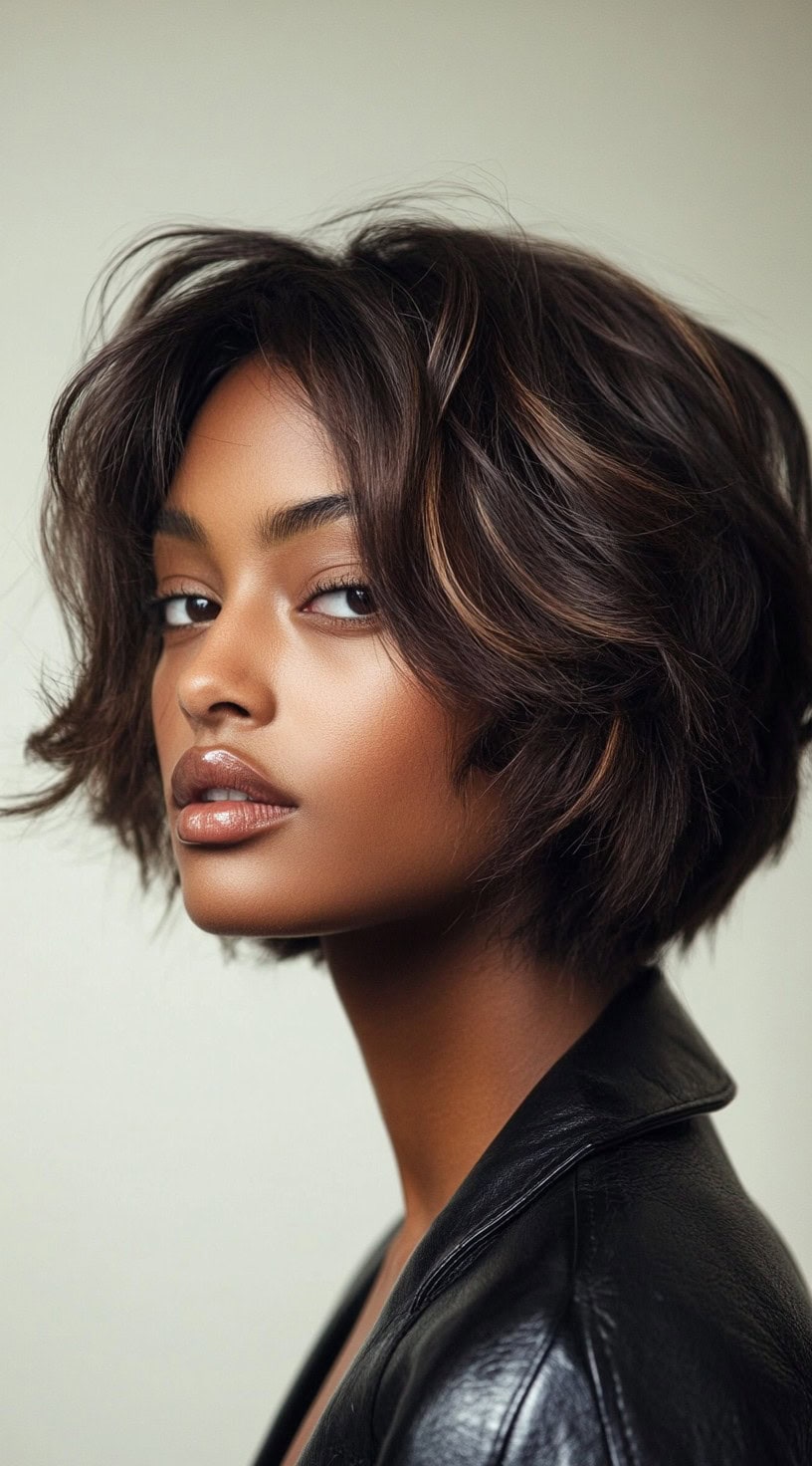 Close-up of a woman with a textured brown bob hairstyle and subtle caramel highlights.