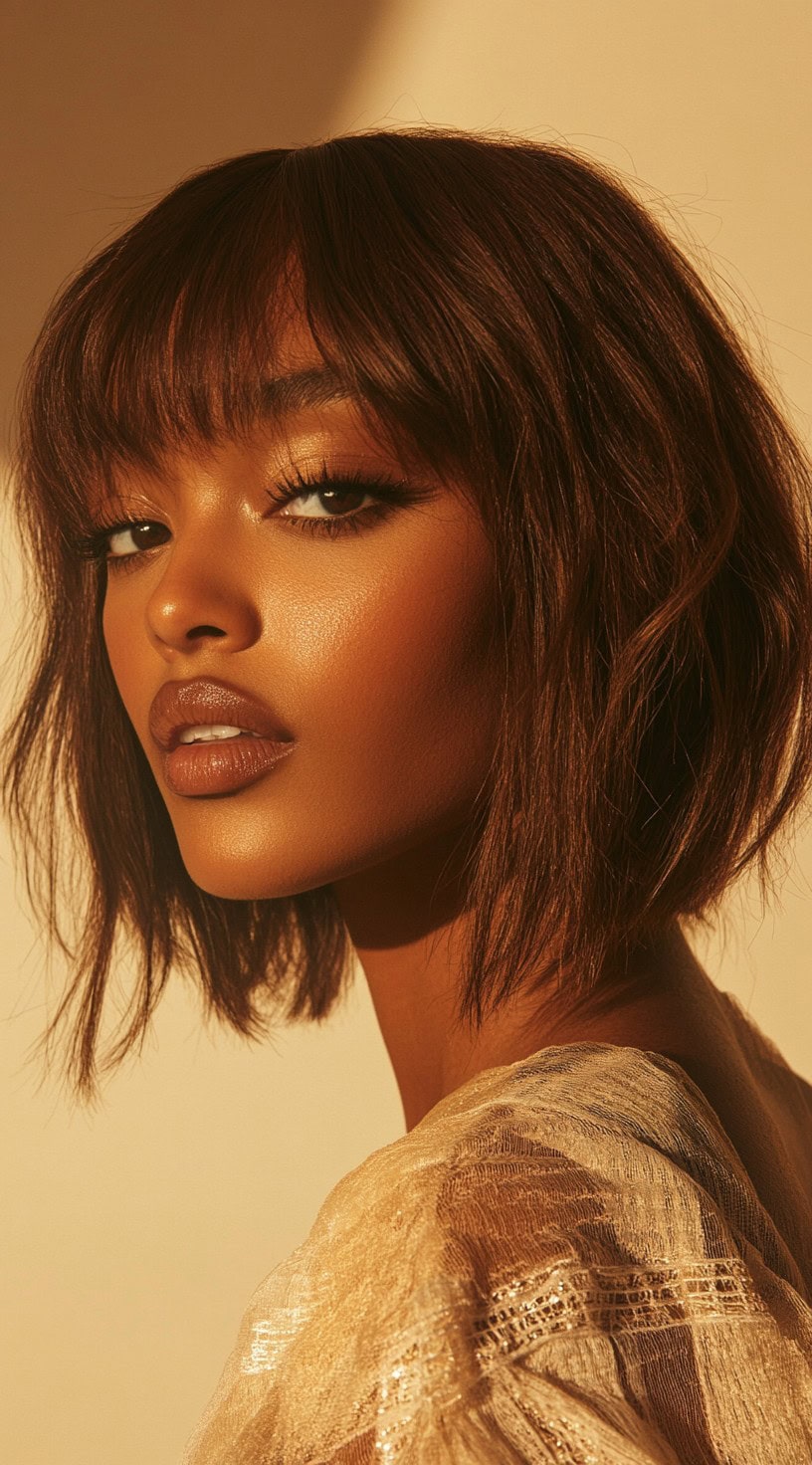 Close-up of a woman with a tousled brown bob and full, straight bangs.