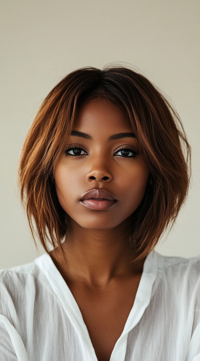 Close-up of a woman with a tousled brown bob and subtle highlights.