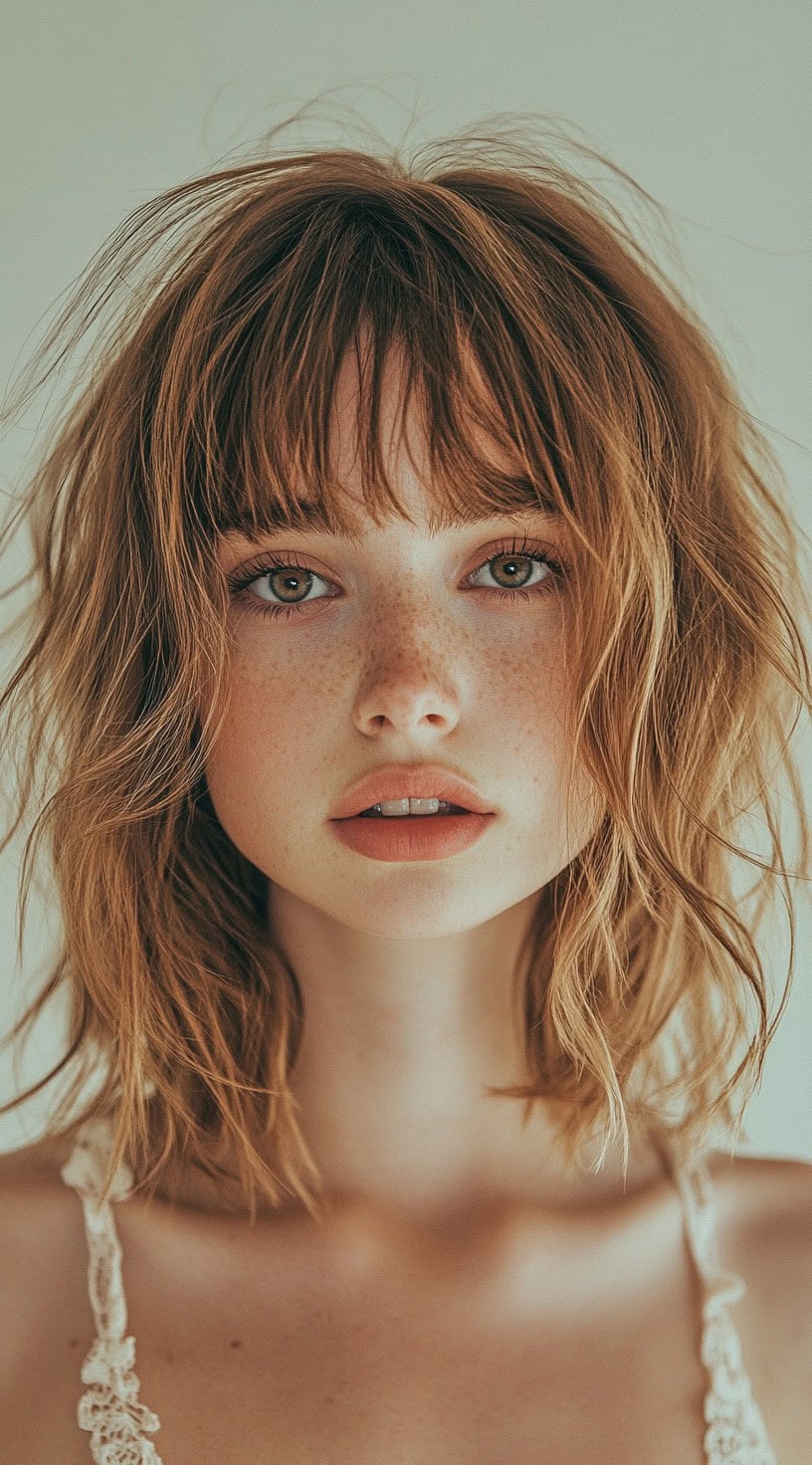 Close-up of a woman with a tousled brown bob and wispy bangs.