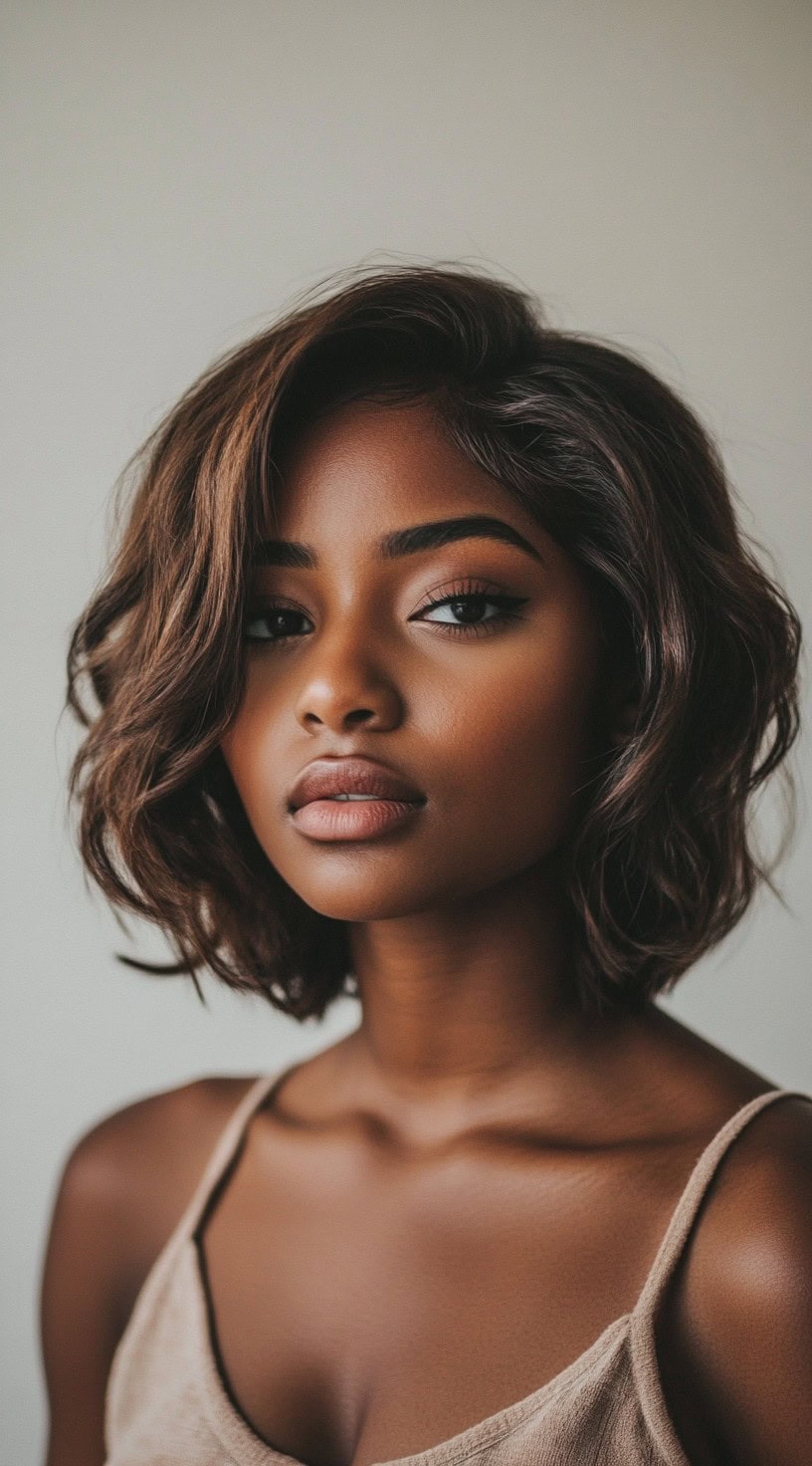 Close-up of a woman with a voluminous wavy bob and soft side part.