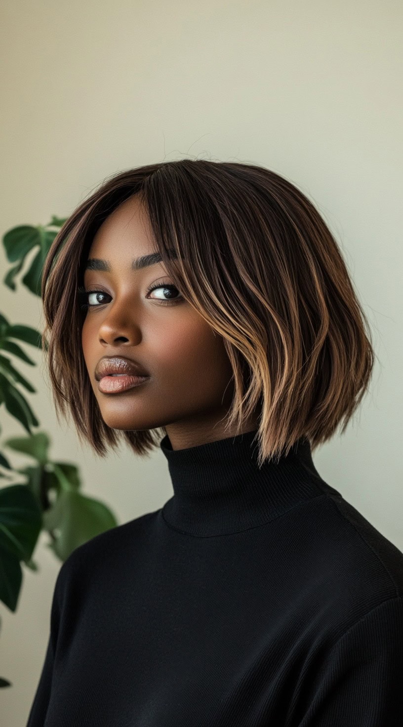 Close-up of a woman with a wavy brown bob and face-framing layers.