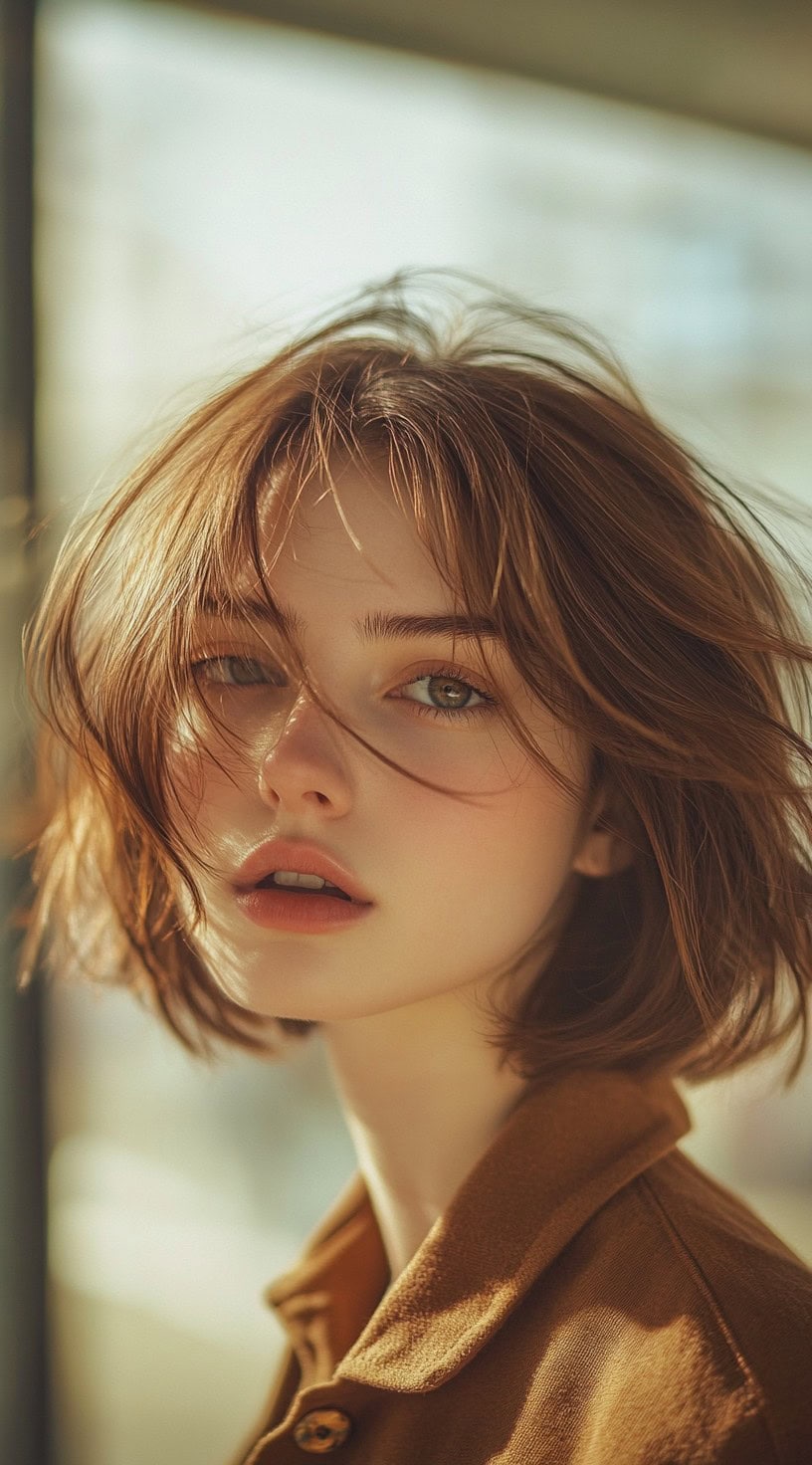 Close-up of a woman with a windblown textured brown bob.