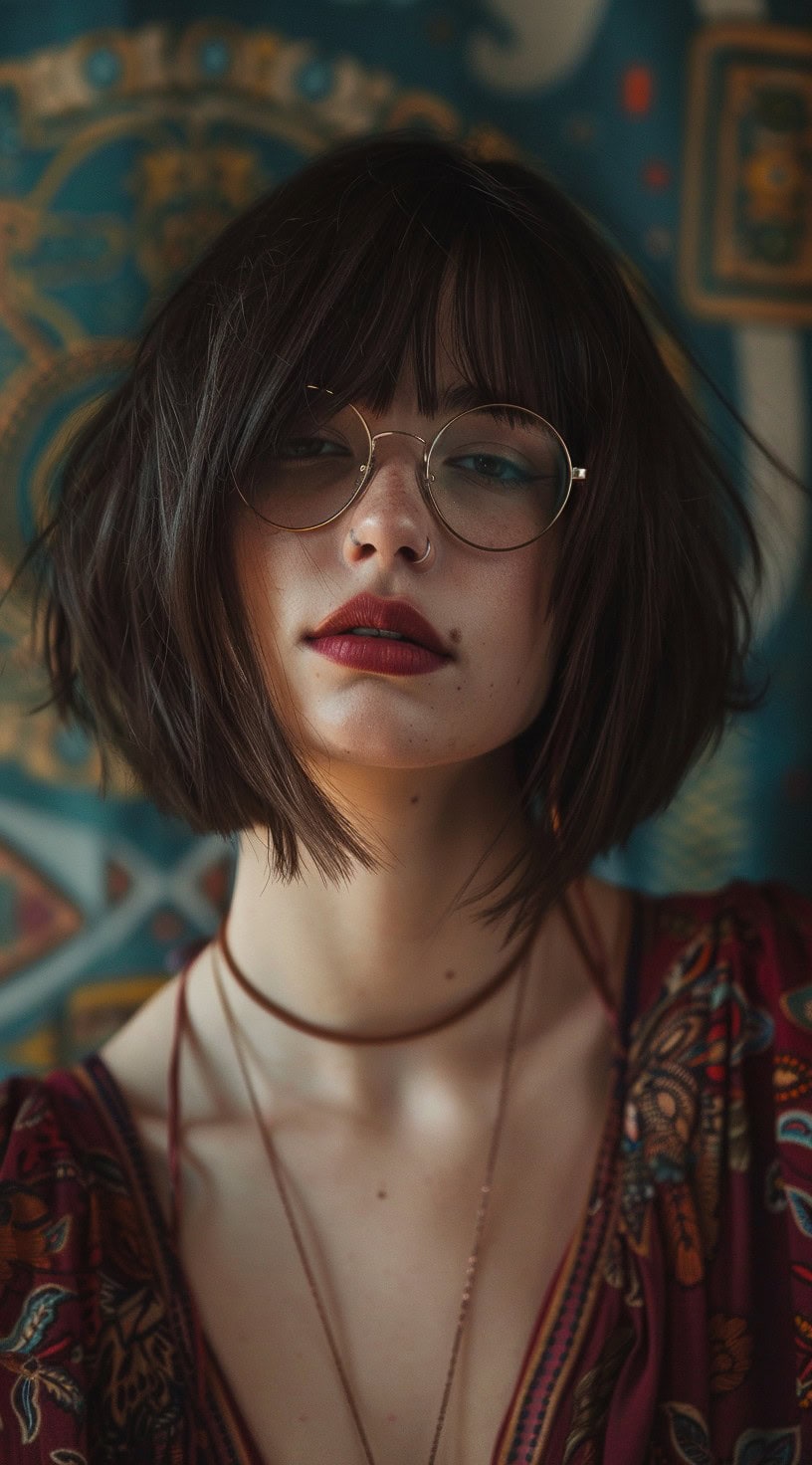 Close-up of a young woman with an asymmetrical bob, wearing decorative glasses and showcasing wispy bangs.