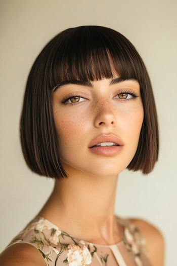 Cropped Blunt Bob With Blunt Bangs Haircut on a woman with short brown hair.