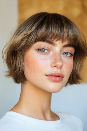 Cropped Wavy Bob With Bangs Haircut on a woman with short brown hair.