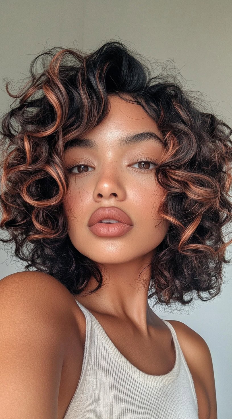 Curly bob haircut with bouncy, defined curls and bronze highlights adding warmth to the texture.