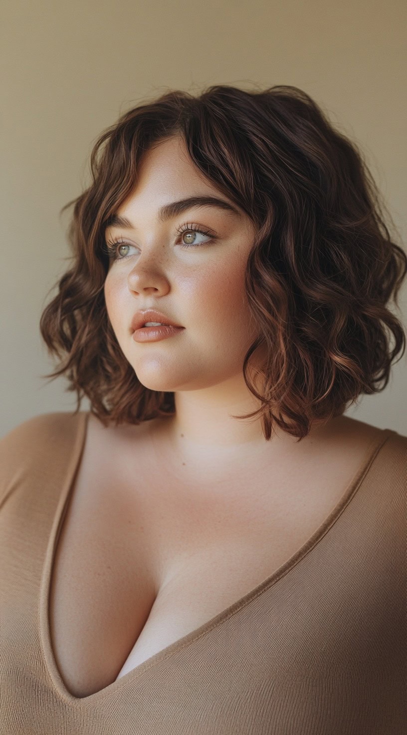 Curly brown bob with soft, natural waves and a middle part.