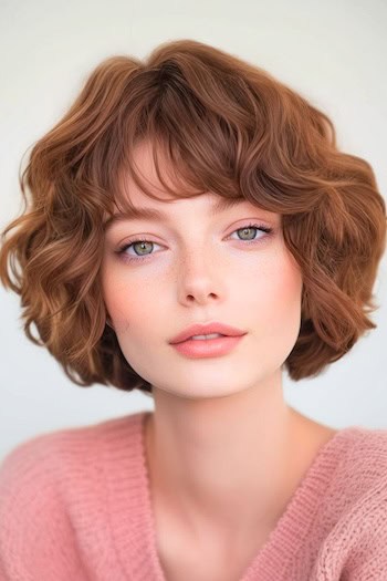 Curly Layered Bob With Bangs Haircut on a woman with short brown hair.